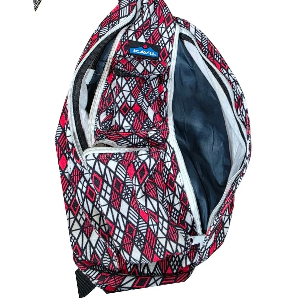 KAVU Rope Bag Sling Backpack Red Black White Geometric Diamond Cotton Canvas